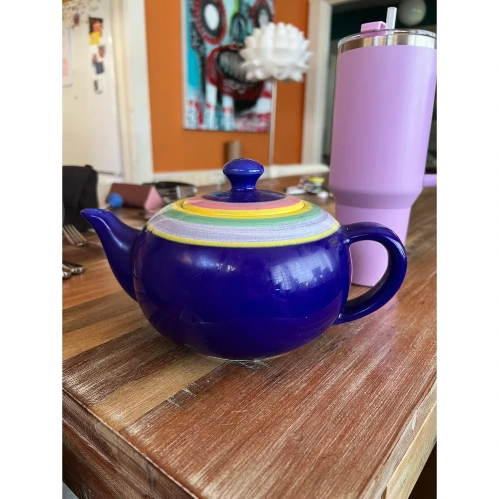 Vintage‎ Made In Italy Baldelli Pottery Teapot Stripe Cobalt Blue And Yellow 90s